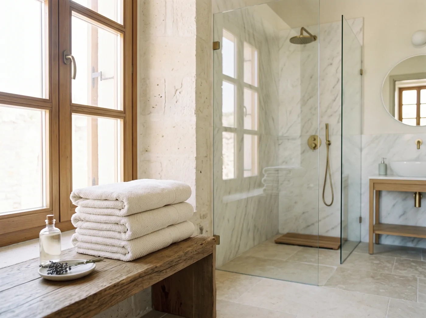 Temiz bir banyo ve katlanmış havlular