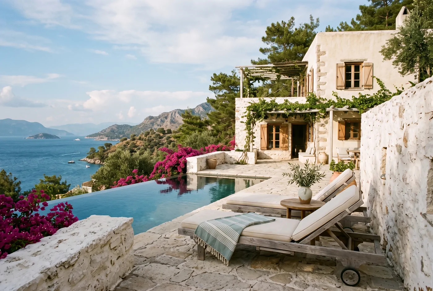 Havuzlu, denize bakan taş villa